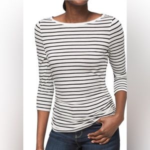 EUC WHBM boat neck B&W striped 3/4 sleeve shirt with shirred sides XXS